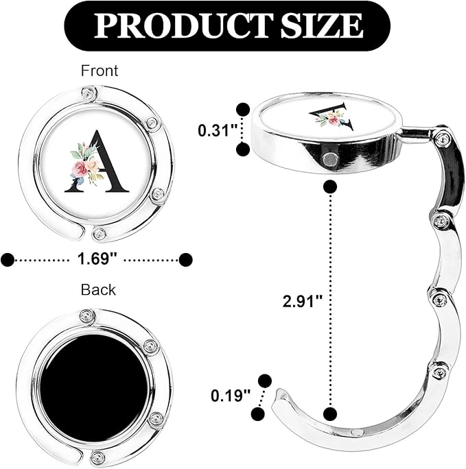 XSUIOY 3Pcs Personalized Initial Foldable Purse Hook for Table,Crushed Flower Letters Folding Purse Hanger,Purse Holder Handbag Hanger Collection Desk Table Bag Hooks Gifts for Women Bag(Black-A)