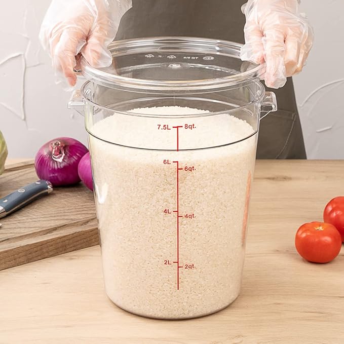 Restaurantware Met Lux 8 Quart Food Storage Containers 10 Round Commercial Storage Containers - Lids Sold Separately With Volume Markers Clear Plastic Food Prep Buckets Space-Saving Storage