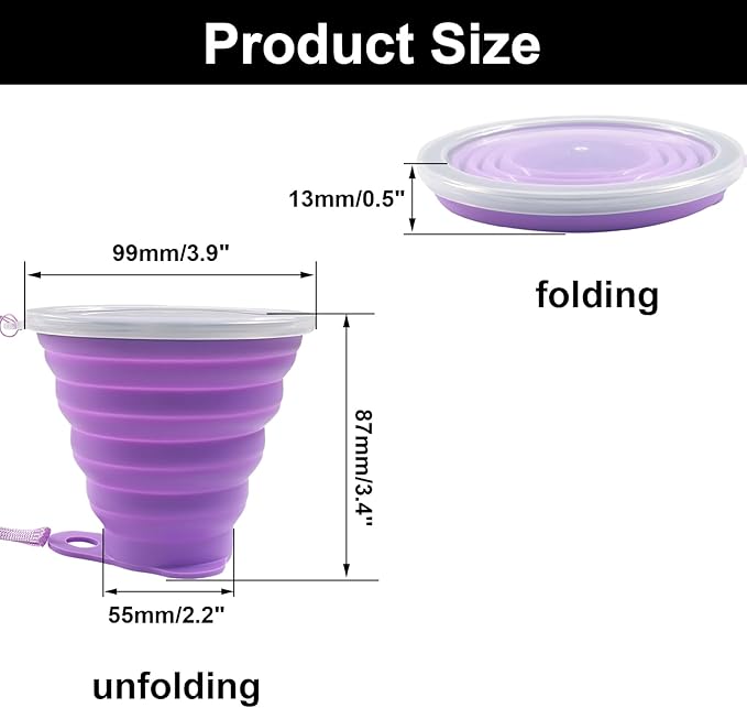 2 Pack Silicone Collapsible Cups for Camping Traveling, Small Portable Foldable Drinking Cup with Lid for Outdoor Hiking (270ml, Pink/Purple)