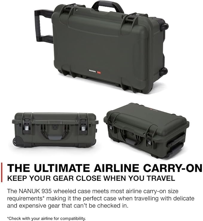 NANUK 935 Hard Case with Padded Divider – Waterproof Equipment Case with Wheels, 22” x 14” x 9” – Dustproof and Impact Resistant, Airline Carry-On Approved – Olive