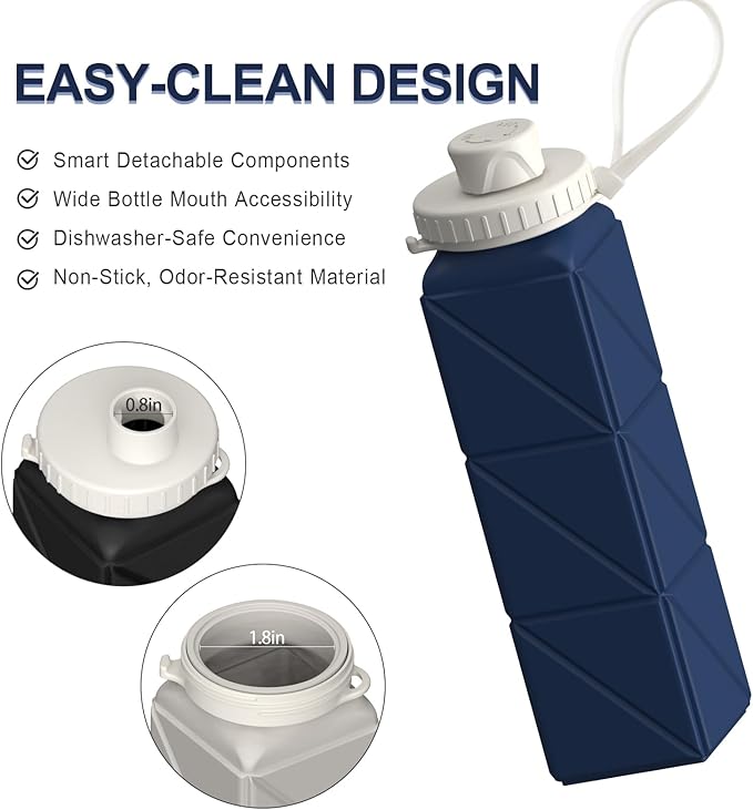 Collapsible Water Bottles 20.6oz, Silicone Foldable Portable Travel Water Bottle, BPA-Free, Leakproof Reusable for Traveling Camping Hiking Cycling Yoga Sports Outdoor, 1 Pack (Dark Blue)
