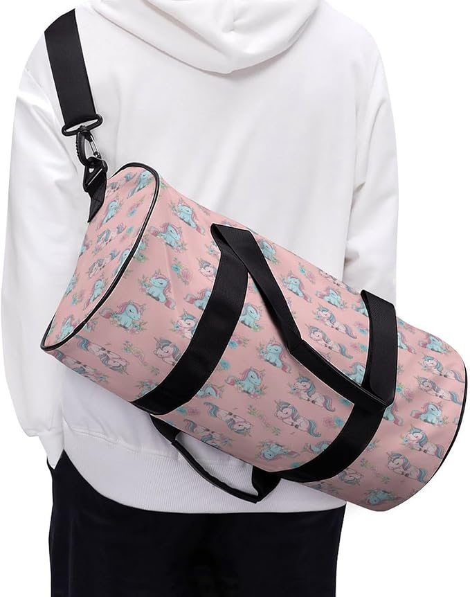 Foldable Gym Bag Pink Cute Unicorns Lightweight Travel Sports Bag Carry On Weekender Overnight Bags Beach Yoga Bags