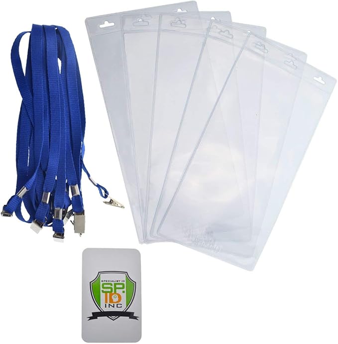 5 Pack - Extra Large 4 x 8 Inch Ticket & Event Credential Badge Holders with No Twist Double Sided Lanyards with Two Bulldog Clips, by Specialist ID (Royal Blue)