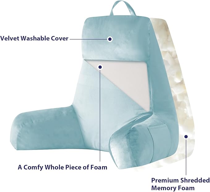 Back Pillow for Bed Sitting up, Reading Pillow for Sitting in Bed Adult, Back Support Pillow, Memory Foam Sit up Lounge Backrest Pillow with Arms for TV, Couch, Chair, Dorm, 24 Inch, Lake Blue