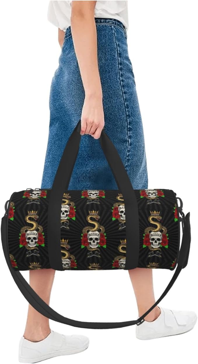 Round Duffel Sports Equipment Bags, Travel Gym Fitness Bag Colorful Tattoo Vintage Snake Skull King for Yoga Workout Swim