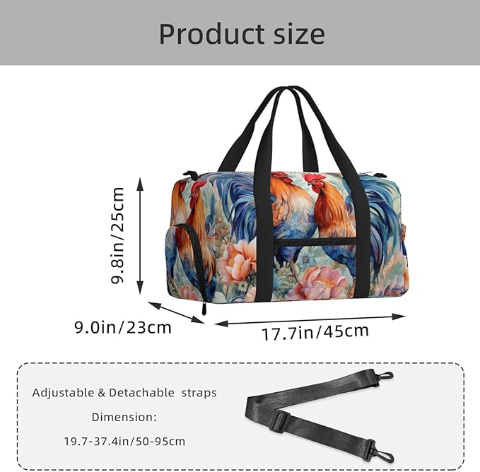 Sports Gym Bag Watercolor Floral Roosters Hen Flowers Travel Duffel Bag With Shoe Compartment Shoulder Strap, Lightweight Water-Resistant Weekend Overnight Totes For Women Men