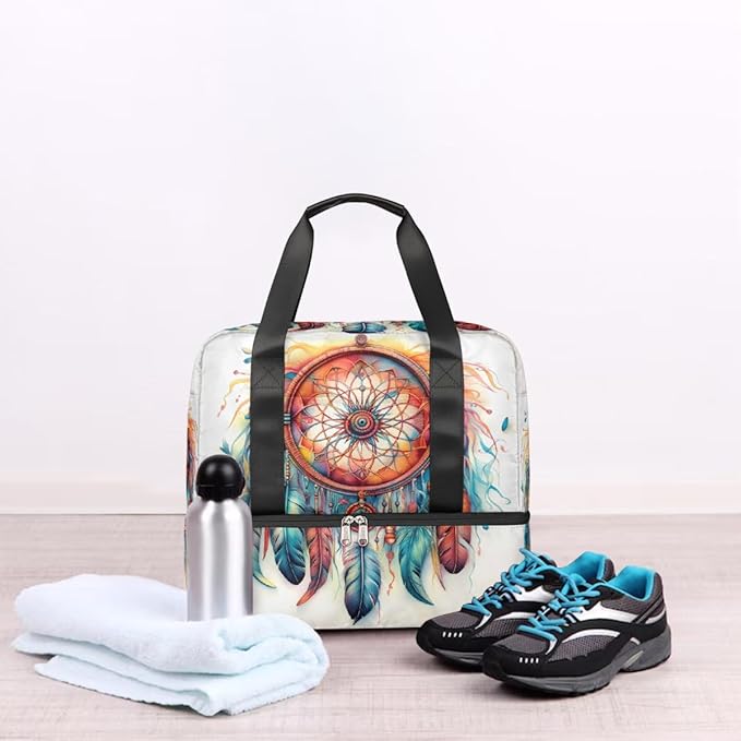 Colorful Dream Catcher Pattern Sports Tote Gym Bag for Women Men, Travel Duffel Bag with Shoe Compartment Large Capacity Workout Overnight Bag for Fitness Yoga Swimming Weekend