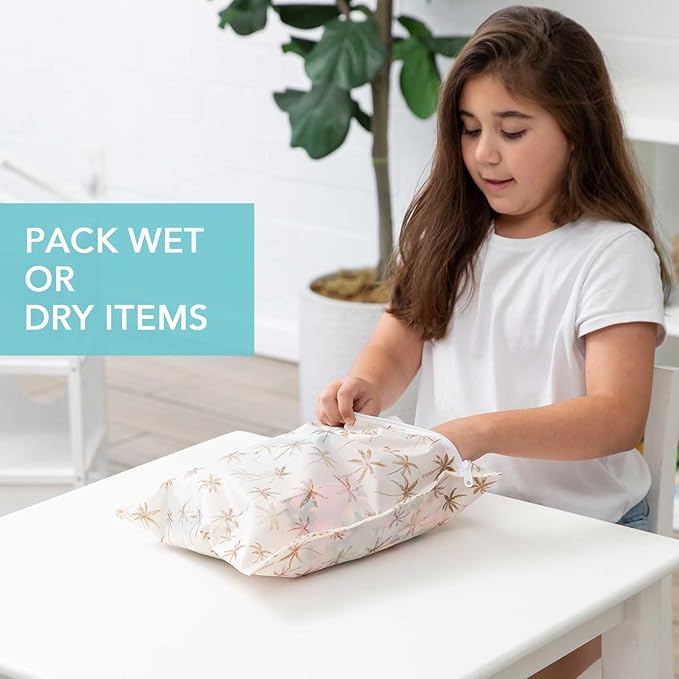 Bumkins Waterproof Wet Bag for Baby, Travel, Swim Suit, Cloth Diapers, Pump Parts, Pool, Beach, Gym Clothes, Toiletry, Hook to Stroller, Daycare, Zip Reusable Wetdry Pack, 2-pk Palm Trees, Beige Check