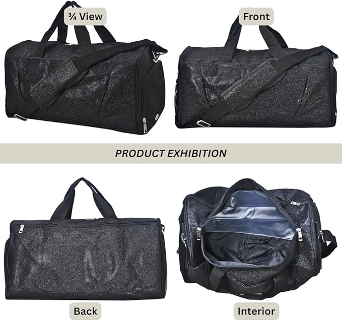 NGIL Glitter Cheers Sports Gym Duffel with Shoe Compartment and Small Carry on Travel Tote Bags for Women, Gym bag, Overnight bags for Women, Cheer Bag (Glitter-Black)