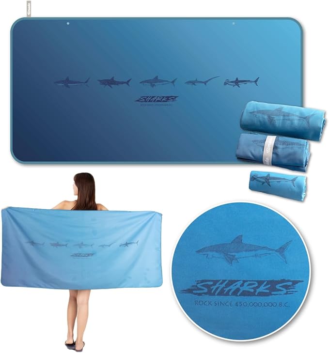 Umade Oversized Microfiber Beach Towel, L 73" x 35.5" - Sand Free Quick Dry Lightweight Travel Towel, Hanging Loop & Elastic Strap, Sharks (Ocean Blue)