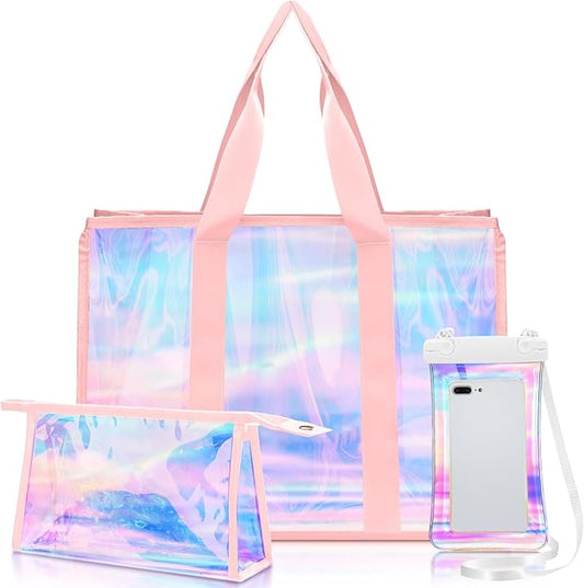 3 Pcs Waterproof Beach Bags Women Clear Iridescent Tote Bag Cosmetic Pouch for Phone Travel Beach Pool Essentials