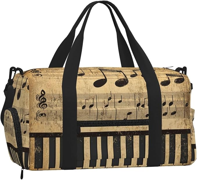 Sports Gym Bag Retro Musical Notes Piano Keys Travel Duffel Bag With Shoe Compartment Shoulder Strap, Lightweight Water-Resistant Weekend Overnight Totes For Women Men