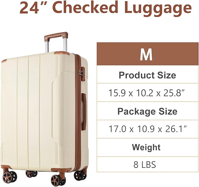 24 Inch Large Checked Luggage Hardside Suitcase with Spinner Wheels, Lightweight Expandable Hard Shell ABS Suitcases with TSA Lock, Large Travel Luggage for Women, Men, White Brown