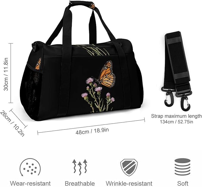 Monarch Butterflies Aspen Thistle Duffle Bag Gym Bag for Workout Travel Tote with Detachable Straps