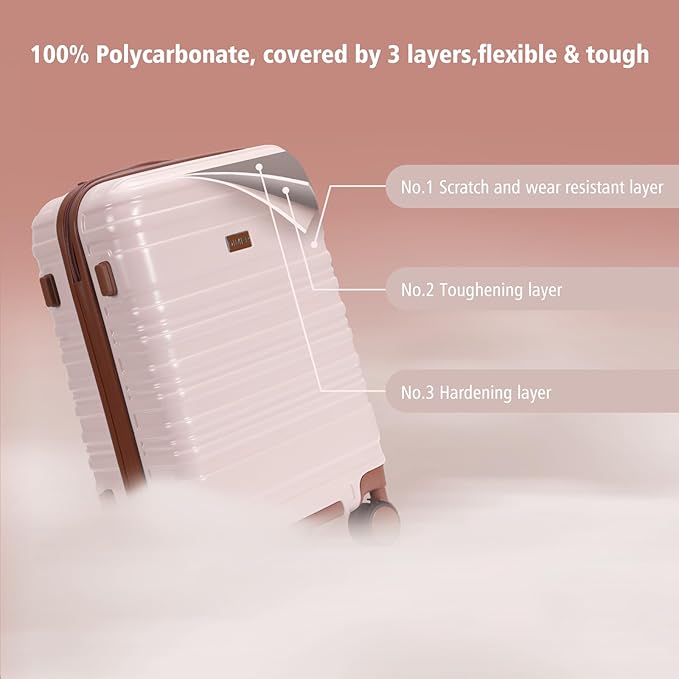 Carry on Luggage, 20Inch Expandable Luggage Airline Approved Hard Shell PC Suitcases with Wheels 22x14x9 TSA Lock Durable Zipper Lightweight Travel for Men and Women, Beige