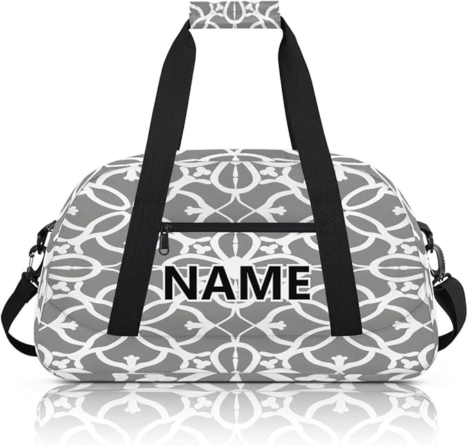 Grey and White Flowers Leaves Custom Small Gym Bag 18 inch for Women Men Personalized Geometric Leaf Floral Carry On Overnight Weekender Bag for Travel Work Dance Sport