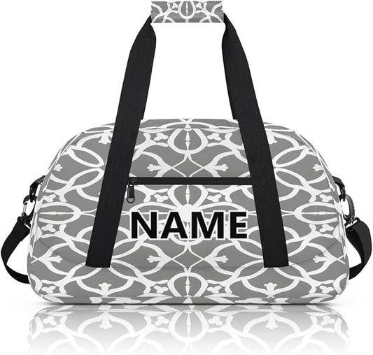 Grey and White Flowers Leaves Custom Small Gym Bag 18 inch for Women Men Personalized Geometric Leaf Floral Carry On Overnight Weekender Bag for Travel Work Dance Sport
