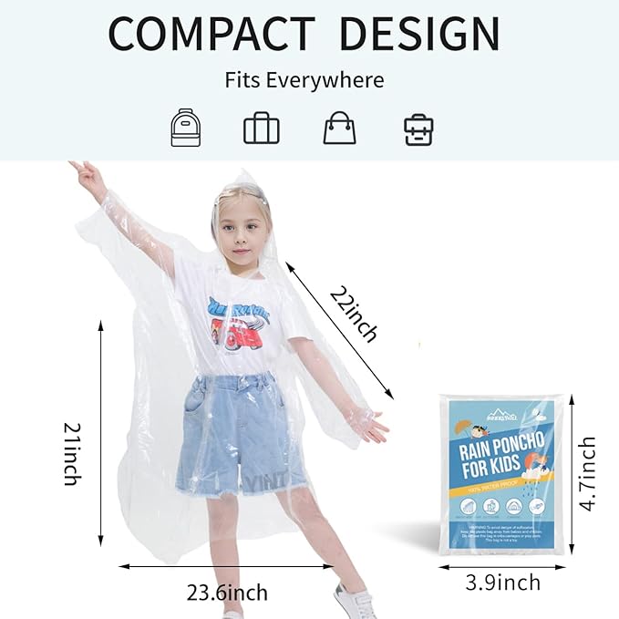 Disposable Rain Ponchos for Kids,Rain Ponchos Family Pack,Clear Kids Ponchos,Individually Wrapped.
