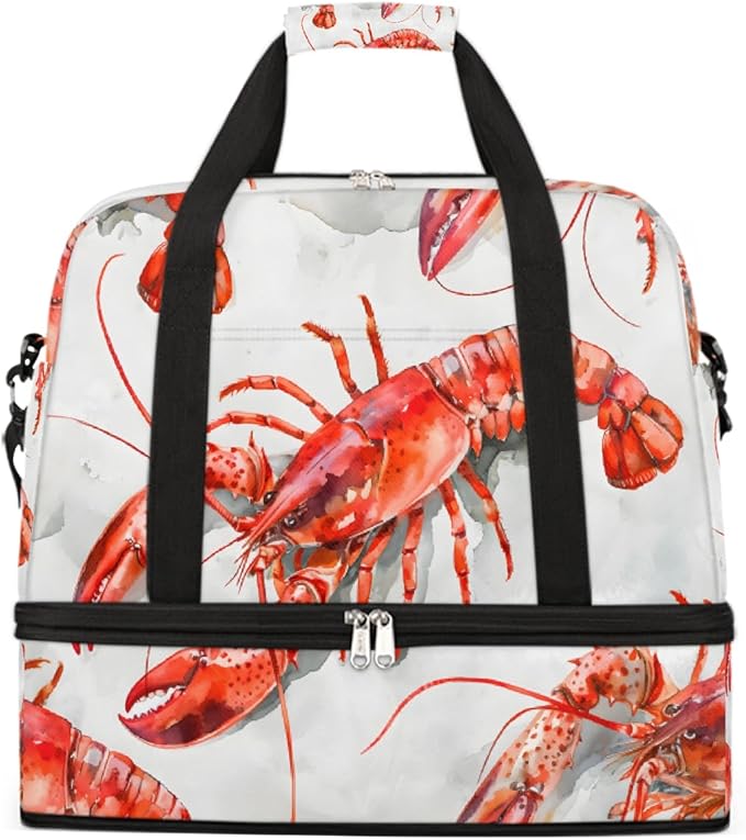 Red Animal Lobster Large Weekender Bag with Shoe Compartment Travel Duffel Bags for Women Carry On Hospital Overnight Bag Foldable Personal Item Travel Bags Tote Gym Sports Airplanes
