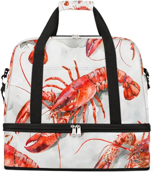Red Animal Lobster Large Weekender Bag with Shoe Compartment Travel Duffel Bags for Women Carry On Hospital Overnight Bag Foldable Personal Item Travel Bags Tote Gym Sports Airplanes
