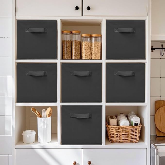 11 Inch Fabric Storage Cubes, Sturdy Foldable Storage Bins, Heavy Duty Cube Organizer for Clothes, Blankets, Shelves, Closets, Bedroom, Living Room, Black, 8 Pack