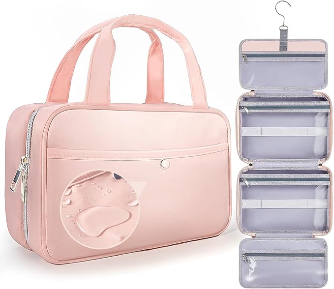 Travel Hanging Toiletry Bag for Women - Waterproof Cosmetic Organizer with Clear Window, Lightweight Bathroom Bags for Essentials, Makeup, Shampoo, Toiletries Pink, Medium