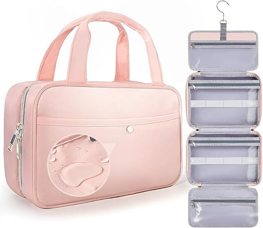 Travel Hanging Toiletry Bag for Women - Waterproof Cosmetic Organizer with Clear Window, Lightweight Bathroom Bags for Essentials, Makeup, Shampoo, Toiletries Pink, Medium