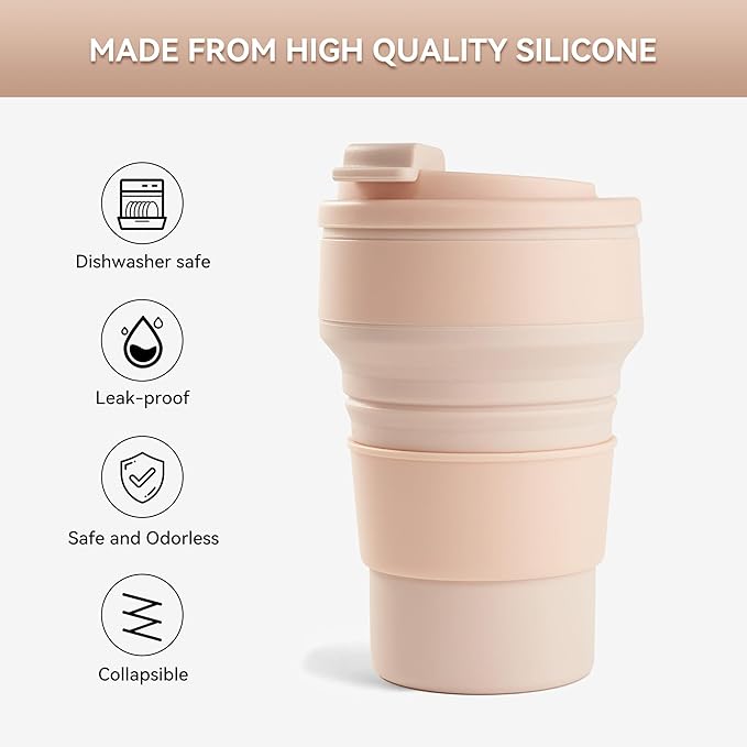 2Pcs Collapsible Cup for Traveling, Collapsible Silicone Travel Cup for Hot and 2 Drinks, Leak Proof Silicone Folding Travel Coffee Mug for Camping & Hiking, BPA Free 12oz Pink