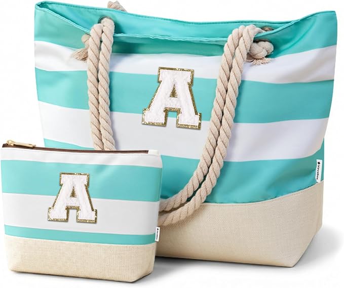 Vavabox Initial Beach Tote Bag for Women, Water-resistant Foldable Travel Beach Bag Set, Birthday Gifts for Women Mom