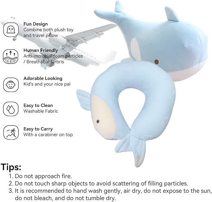 Kids Travel Pillow - 2-in-1 Deformable Kids Neck Pillow for Traveling, Soft U-Shaped Pillow with Adorable Animal Design, Comfy Sleep and Play, Ideal for Airplanes and Cars - Blue Whale