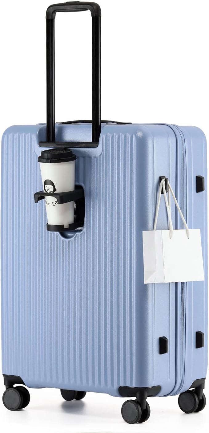26 Inch Top Opening Expandable Checked Travel Luggage with Spinner Wheels,All PC Hard Shell Hardside Lightweight Medium Suitcase with TSA Approved Cup Holder for Business Trips Woman Men,Blue