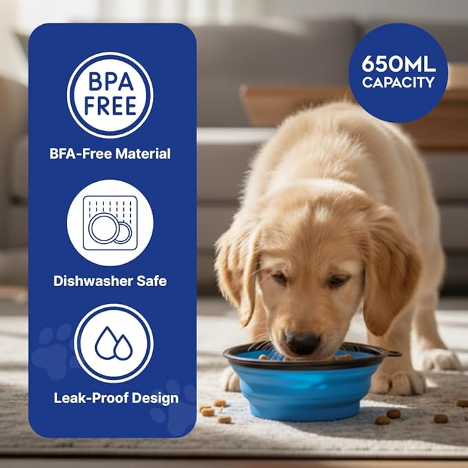 Collapsible Cat Bowl, Maze Design Pet Puzzle Feeder, 650ml Dog Slow Feeding Bowls, Dog Slow Feeding Bowl with Carabiner Portable BPA-Free Silicone Pet Bowls for Hiking,Travel,Camping - Colour Blue