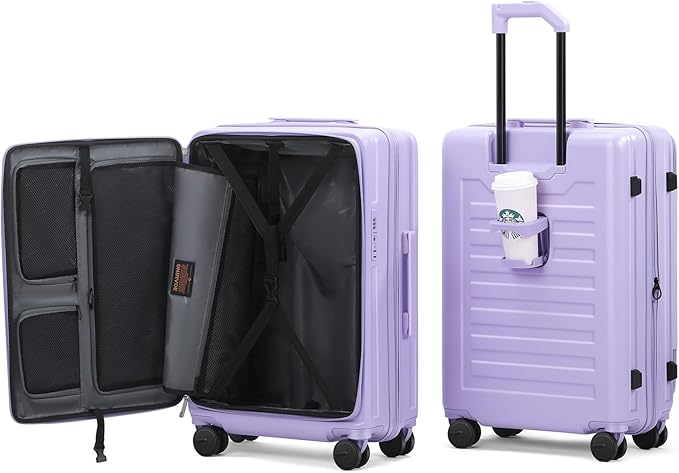 ROAMING 26-Inch Checked Luggage Expandable Front Opening Rolling Vacation Suitcase with Spinner Wheels and TSA Lock Cup Holder, PC Hard Shell Travel Trolley Case for Shout Business Trips purple