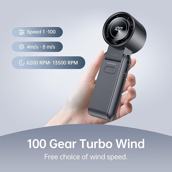 2 Pack Black Portable Handheld Turbo Fan-100 Speeds, 13500 RPM, 12Hrs Cooling, Digital Display, USB Rechargeable Mini Hand Held Personal Fan for Travel Makeup Outdoor Indoor