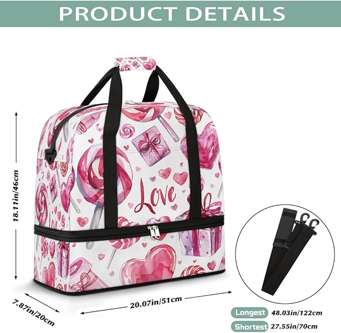 Pink Heart Candy Gift Large Weekender Bag with Shoe Compartment Travel Duffel Bags for Women Carry On Hospital Overnight Bag Foldable Personal Item Travel Bags Tote Gym Sports Airplanes