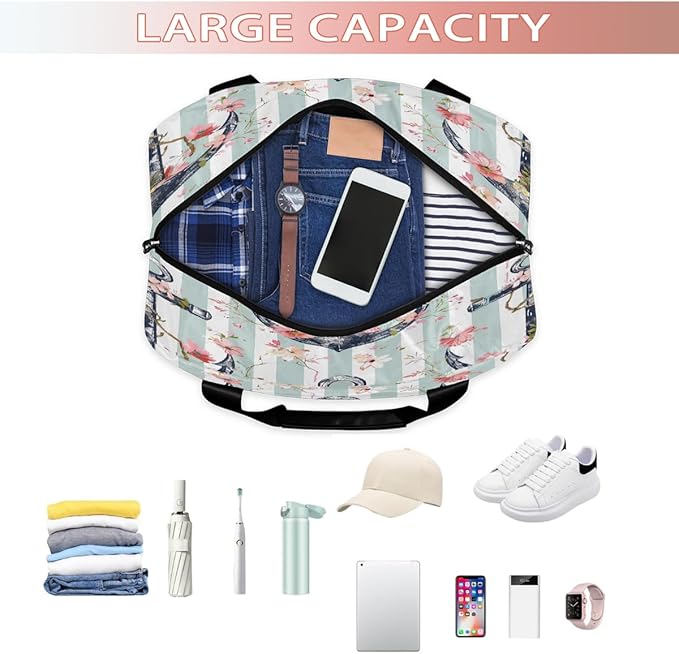 Vintage Anchor Flower Stripe Sports Tote Gym Bag for Women Men, Travel Duffel Bag with Shoe Compartment Large Capacity Workout Overnight Bag for Fitness Yoga Swimming Weekend