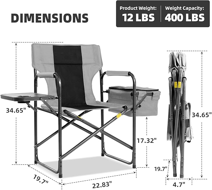 Director Camping Chair Set of 2 with Cooler Bag & Foldable Side Tray - 400lbs Heavy Duty Outdoor Folding Lawn Chair, Portable Camp Chair for Fishing/Backyard (Black & Gray)
