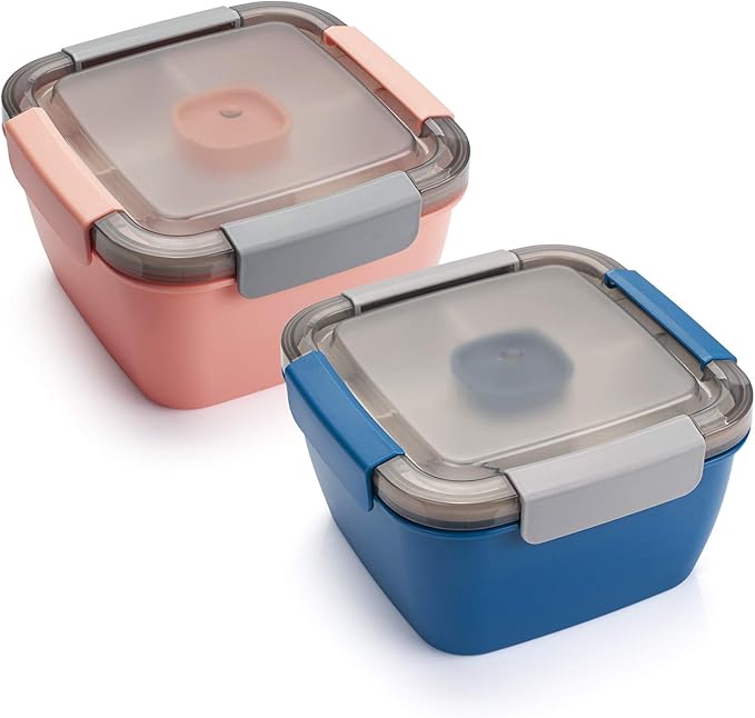 Freshmage Salad Lunch Containers To Go, 2 Pack 52-oz Bowls with 3 Compartments, Dressing Containers for Toppings, Snacks (Blue+Pink)