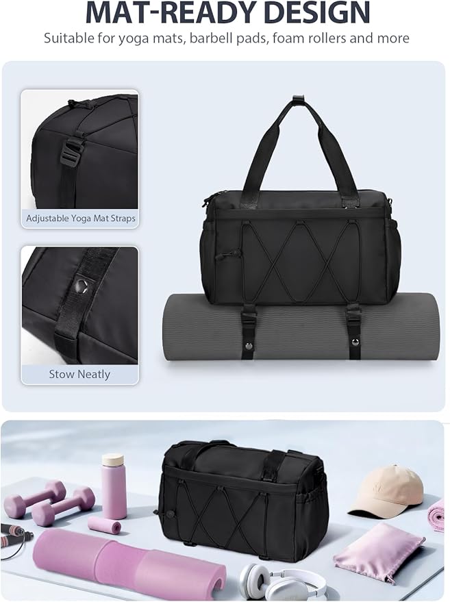 Small Gym Bag for Women with Yoga Mat Holder and Wet Compartment, Mini Gym Duffle Bag Yoga Bag with Water Bottle Pocket for Workout Travel, Black