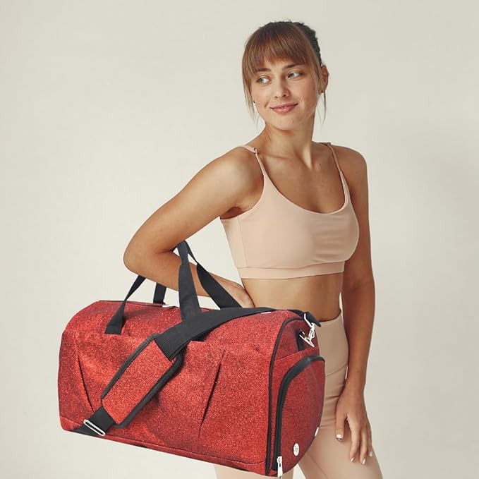 NGIL Glitter Cheers Sports Gym Duffel with Shoe Compartment and Small Carry on Travel Tote Bags for Women, Gym bag, Overnight bags for Women, Cheer Bag (Glitter-Red)