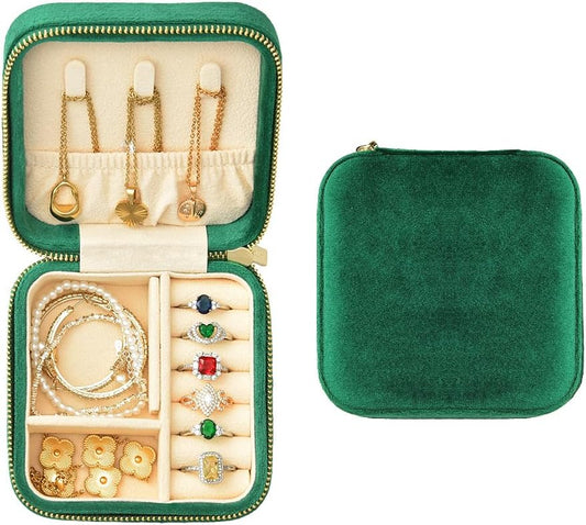 TAIMY Plush Velvet Travel Jewelry Box, Small Travel Jewelry Case, Portable Mini Jewelry Travel Organizer Boxes for Rings Earrings Necklaces Bracelets(Emerald Green,No Mirror)