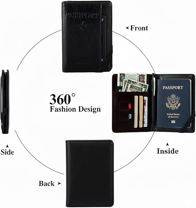 Genuine Leather Passport Holder Cover - RFID Blocking Travel Wallet & Passport Case with Pen Holder, Dual SIM Card Slots & Boarding Pass Pocket for Men & Women,Family Travel Essentials, Retro Style