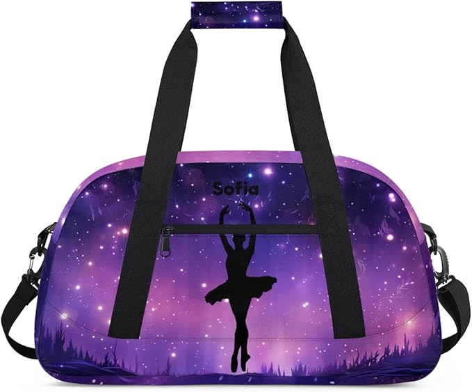 Personalized Boys Gym Bags, Custom Name Sport Bags for Training Travel Overnight Weekender Purple Ballet Silhouette