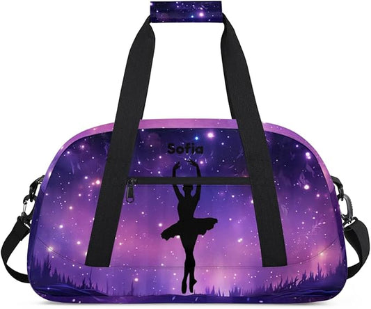Personalized Boys Gym Bags, Custom Name Sport Bags for Training Travel Overnight Weekender Purple Ballet Silhouette