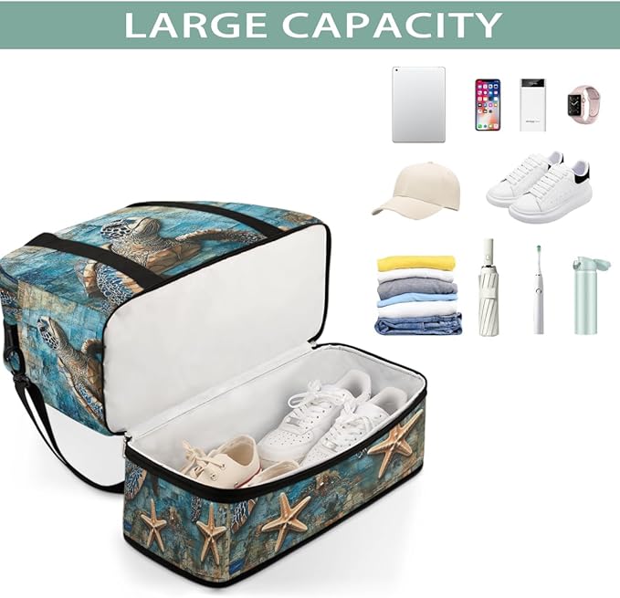 Foldable Travel Duffel Bag for Women - Carry on Personal Item Bag with Shoes Compartment, Weekender Overnight Duffle Bags Sport Tote Gym Luggage for Airplanes Traveling(Turtle)