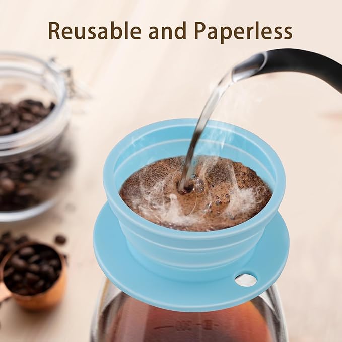 2 Pieces Paperless Travel Pour Over Coffee Maker with Stainless Steel Coffee Filter - Camping Pour Over Coffee Maker Set - Collapsible Travel Pour over Coffee Dripper Kit Single Cup (Black+Blue)
