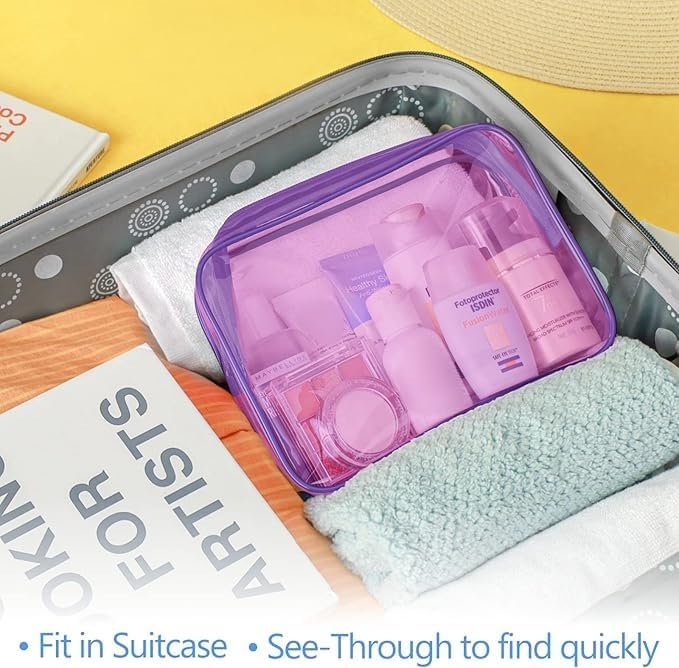PACKISM TSA Approved Toiletry Bag 2 Pack - 1 Medium TSA Quart Carry-On & 1 Large for Checked Luggage, Water-resistant Clear Makeup Bag Clear Travel Bags for Toiletries, Light Pinkish Purple