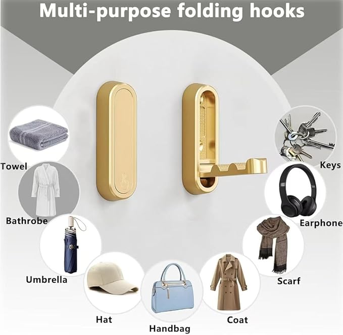 2PC Foldable Wall Hooks - Gold Coat Hooks for Closet, Door & Bathroom | Heavy Duty Folding Hangers for Hanging Coats, Belts, Backpacks, Towels | Space-Saving Wall Hook Set (Gray, 2Pack)