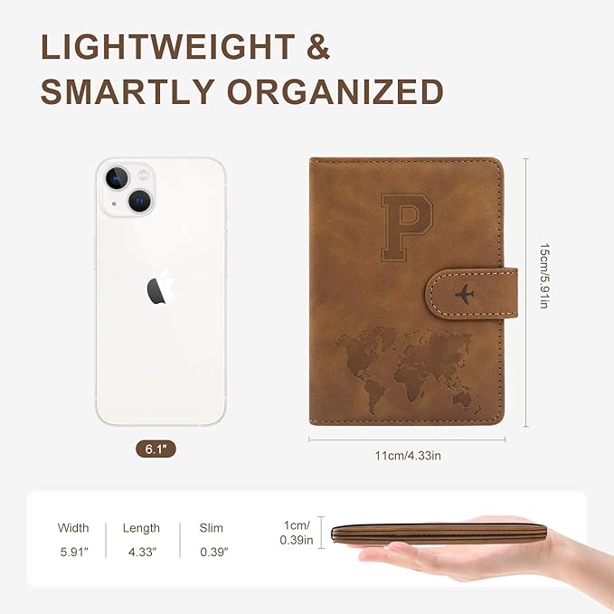 Personalized Passport Holder – Initial Letter Passport Cover with RFID Blocking, Holds 2 Passports, Slim PU Leather Unisex Travel Wallet, Brown P