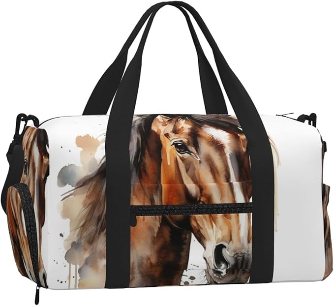 Sports Gym Bag Watercolor Horse Art Painting Travel Duffel Bag With Shoe Compartment Shoulder Strap, Lightweight Water-Resistant Weekend Overnight Totes For Women Men